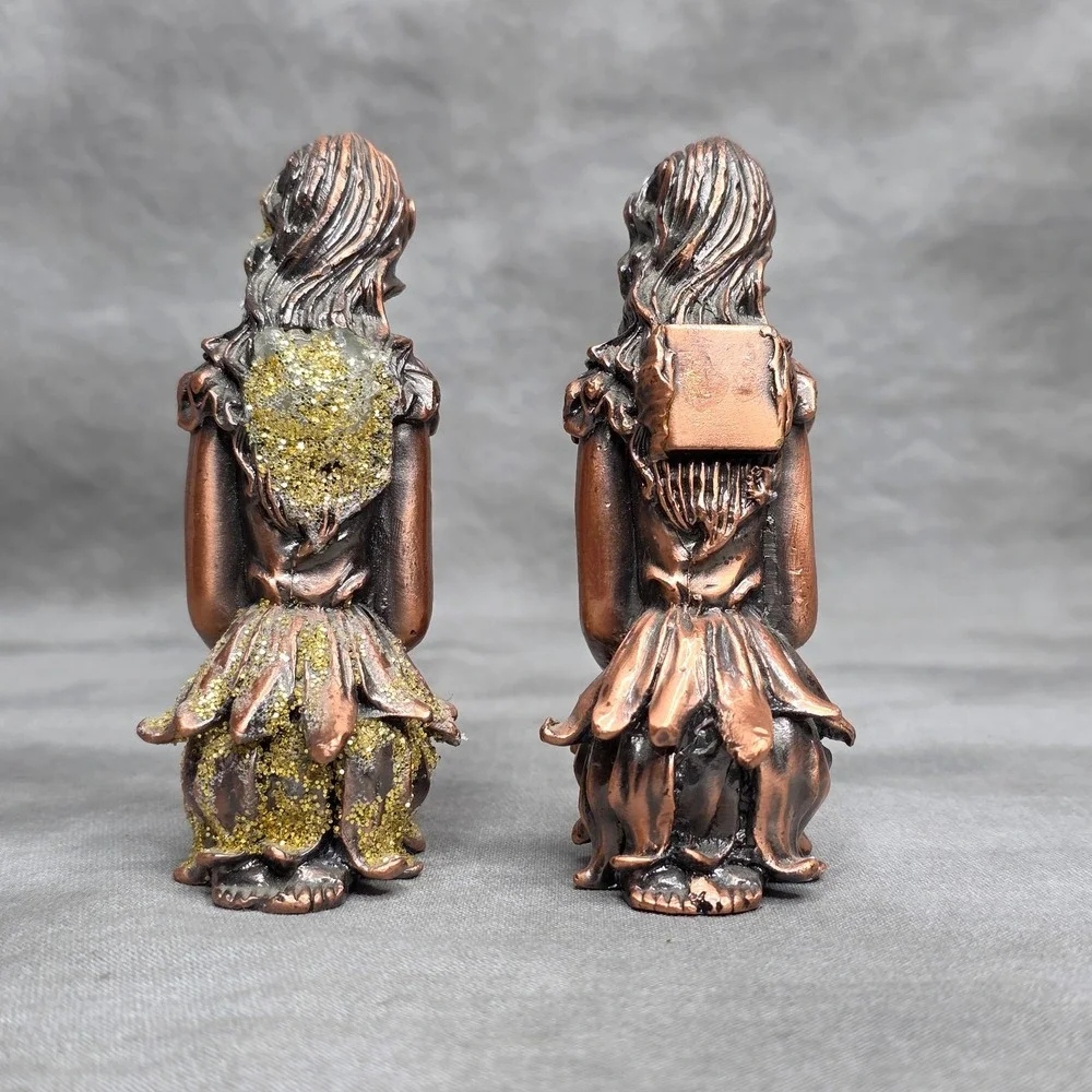 (X2) Pixie Fairy Figurines Copper Kneeling Girl Glitter‎ Home Decor Vintage